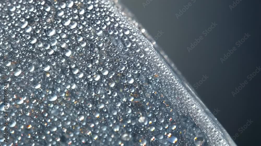 Poster macro close-up view of water droplets condensed on a shiny surface, forming abstract patterns with r