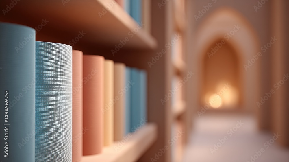Poster minimalistic bookstore filled with neatly organized books emphasizing tidy shelves and ample copy sp