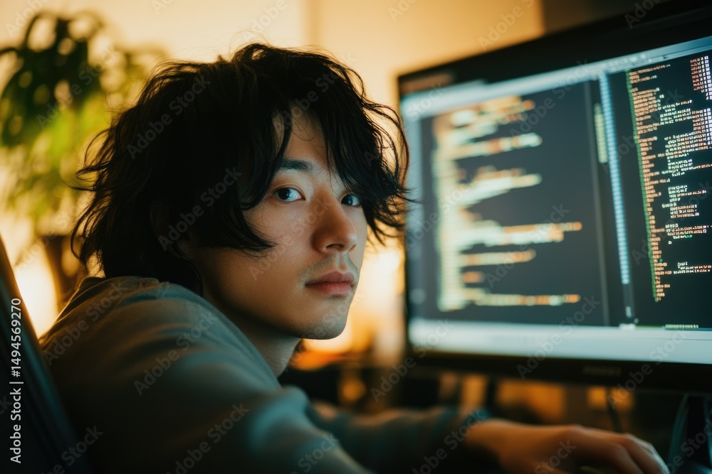 Aufkleber a young man with dark hair intensely focused on lines of code displayed on a computer screen.