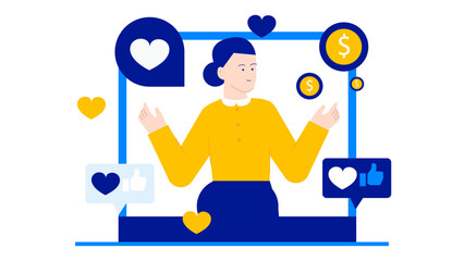 Woman surrounded by dollar signs and hearts, suitable for financial concepts, love of money, wealth, financial success, and investment themes.