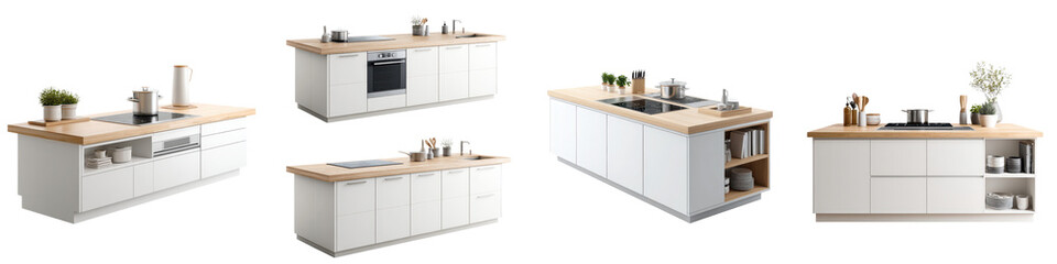 A collection of modern white and wood kitchen furniture designs  long title A variety of contemporary minimalist kitchen furniture pieces including
