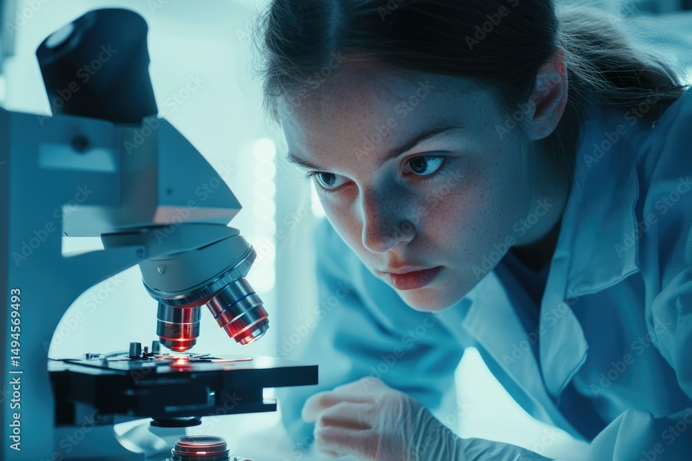 Poster a female scientist intensely observes a specimen through a microscope in a laboratory setting.