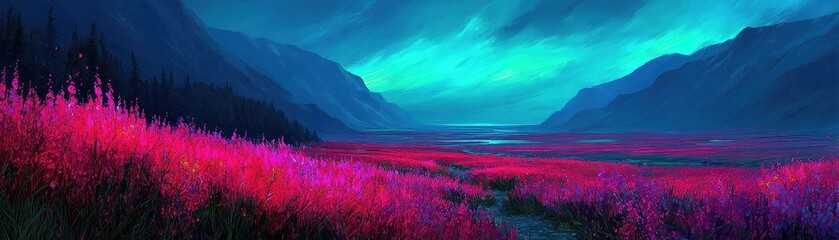 Obraz premium Blooming flowers in meadow under dreamlike glowing sky concept. Vibrant landscape featuring lush purple flowers and serene water.