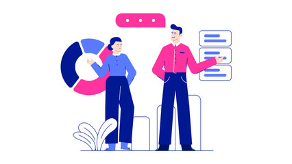 Two people analyzing a pie chart and a list for business presentation, data analysis, financial report, corporate communication designs.