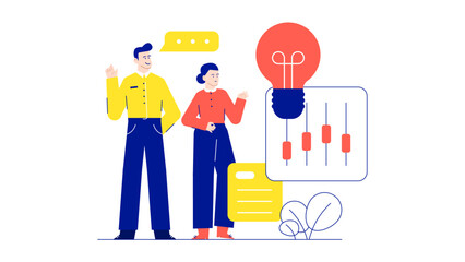 Two people presenting an idea with a lightbulb, suitable for business presentations, innovation concepts, teamwork, brainstorming, collaboration themes.