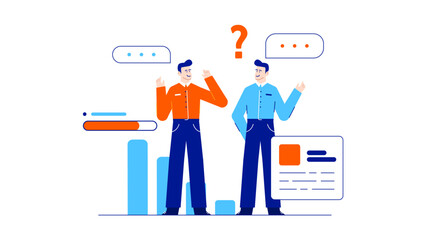 Two men by bar graphs with question marks