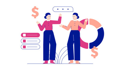 Two women discussing financial matters with a pie chart, suitable for business discussions, financial presentations, and budgeting concepts.