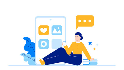 Woman multitasking on phone while sitting on books, perfect for educational apps, student lifestyle blogs, and modern technology concepts.