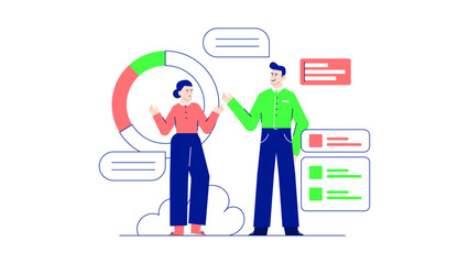 Two people discussing a pie chart and data, suitable for business presentations, financial reports, educational materials, and analytical concepts.