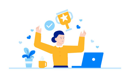 Woman celebrates with a trophy and laptop, ideal for success, achievement, business, career, competition, winning, happiness, motivation concepts.