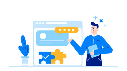 Man presenting website design with puzzle pieces, suitable for web design presentations, digital marketing concepts, and IT industry visuals.