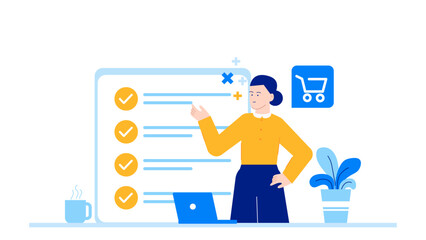 Person organizing tasks with a checklist, laptop, coffee, and plant. Perfect for work from home, productivity, organization concepts.