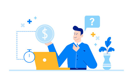 Man with a laptop holding a dollar sign, ideal for financial blogs, business presentations, technology websites, and online marketing materials.