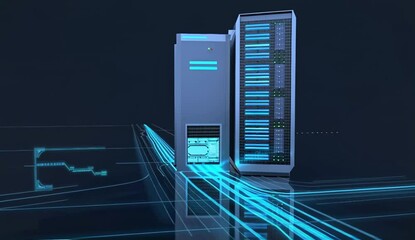 Server racks with digital interface overlay. - Powered by Adobe