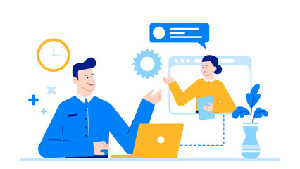 Two people are on a video call discussing a work project. Suitable for remote work, video conferencing, collaboration, and technology concepts.