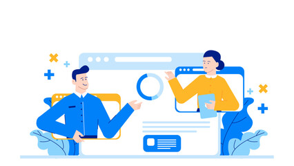 Two people discussing business strategy over video call, one pointing at a pie chart. Ideal for virtual meetings or presentations.