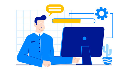 Man at computer with cactus on desk. Cozy home office setup. Work from home, remote work, technology, interior design concepts.