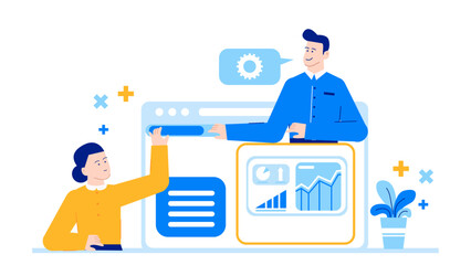 Man and woman on a laptop, discussing content on a webpage. Suitable for illustrating website design collaboration or teamwork concepts.