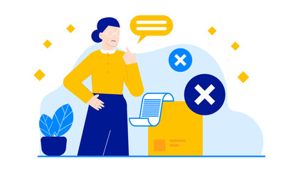 Woman thinking with two blue x marks and a plant, suitable for business brainstorming concepts or decision making visuals in presentations.