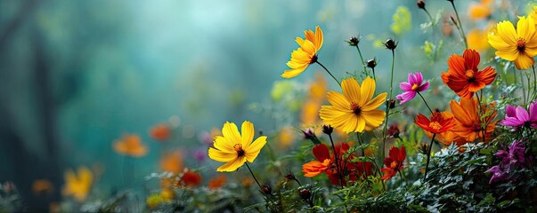 Blooming flowers in meadow under mystical vibrant tropical sky concept. Vibrant array of colorful flowers blooming in a lush environment.