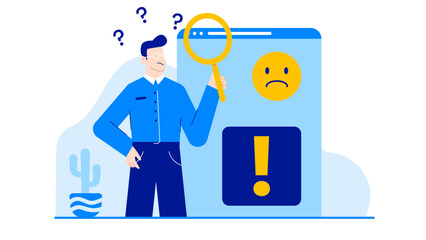 Man with glasses magnifying sad emoji on phone. Suitable for communication, technology, expressing emotions, digital devices, and mobile usage concepts.