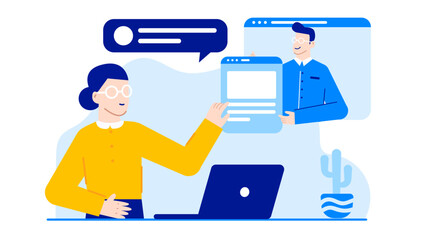 Woman and a man on a video call, discussing business or remote work concept. Suitable for technology or communication themes.