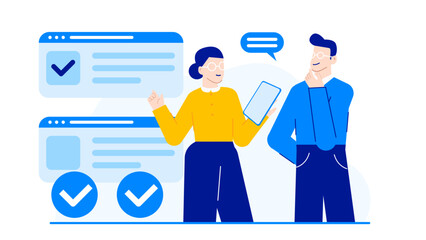 Two people discussing a web page with checkmarks. Suitable for website design, project management, online communication concepts.