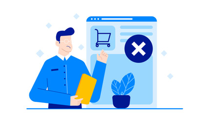 Businessman pointing at computer screen showing shopping cart icon and red x, suitable for ecommerce, online shopping, website design concepts.
