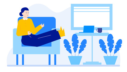 Portrait of a woman relaxing in a blue and yellow room. Perfect for interior design, relaxation, lifestyle, and home decoration concepts.