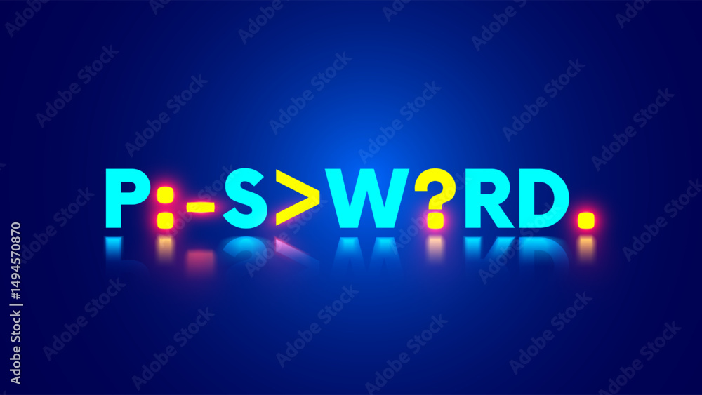 Poster Strong password with special characters for cyber security, protection of data and accounts. Password symbols hanging glow in dark. Concept of cyber security and creating strong password. Hacking.
