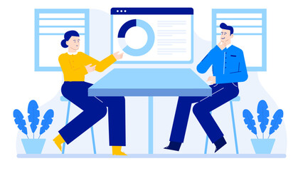 Suitable for presentations, business articles, infographics. Two people analyzing data at a table with a pie chart. Business meeting scene.
