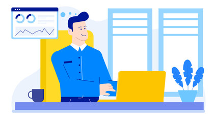 Man working on laptop at office desk. Suitable for technology, business, remote work, freelance, workspace, entrepreneur, digital nomad themes.