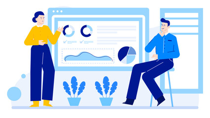 Two people analyze business data in an office. Suitable for presentations, business articles, financial reports, team discussions, and marketing material.