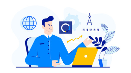 Man works at a desk using a laptop. Suitable for websites and blogs related to technology, work, or remote work.