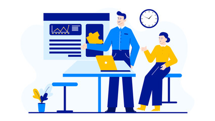 Two people discussing work at a desk with a laptop, suitable for business communications, teamwork, office discussions, workplace dynamics.