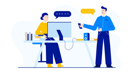 Two people conversing while one uses a computer, ideal for illustrating workplace communication, teamwork, technology, and collaboration concepts.