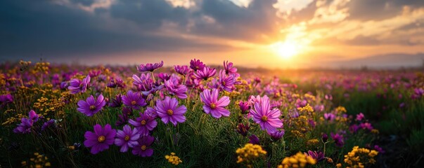Obraz premium Blooming flowers in meadow under dreamlike glowing sky concept. A vibrant field of blooming flowers under a stunning sunset.