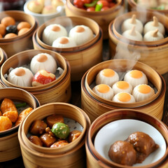 Assortment of traditional dim sum dishes in bamboo baskets