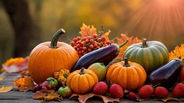 Harvest display of pumpkins and vegetables under autumn sunlight in a rustic setting