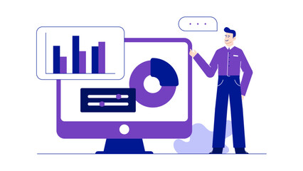 Man presenting data on a computer screen, suitable for business presentations, technology concepts, data analysis, corporate meetings, and education materials.