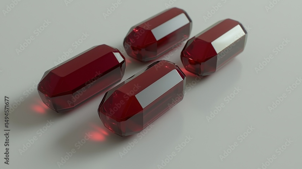 Poster four faceted ruby-colored gems on a light surface