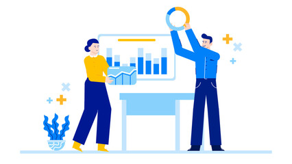 Two people discussing data displays, suitable for business presentations and financial reports on market analytics, statistics, and business strategies.