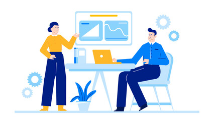 Businesswoman pointing at chart, man at desk. Suitable for business presentations, teamwork concepts, financial planning visuals, corporate collaboration illustrations.