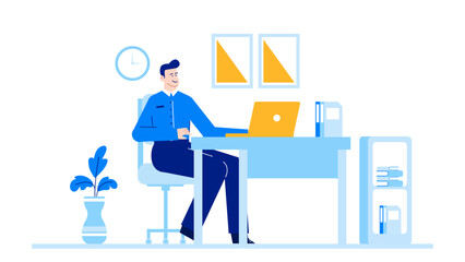 Man working at desk with laptop, plant, books. Suitable for technology, education, work from home, productivity, remote work concepts.