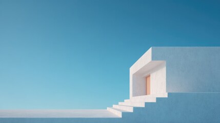 minimalistic photograph of modern tourist hotel exterior against clear blue sky at midday
