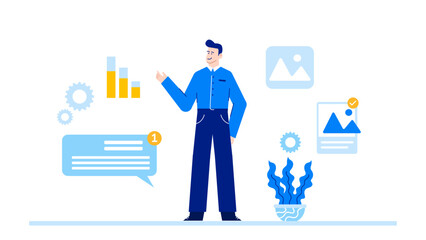 Man presenting a chart with a plant and a message bubble, suitable for presentations, business concepts, growth, environment, communication themes.