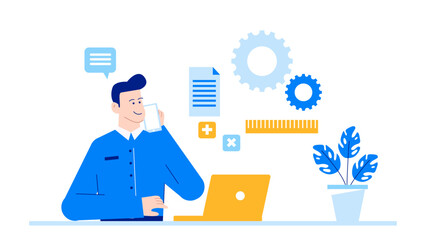 Man working on a laptop with a plant beside him, creating a productive and cozy work environment. Suitable for tech and remote work concepts.