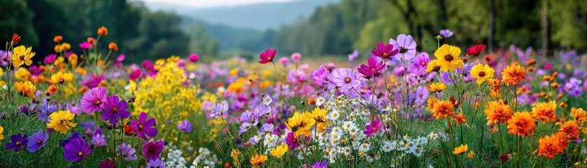 Obraz premium Blooming flowers in meadow inside vibrant tropical paradise concept. A vibrant field filled with colorful wildflowers in full bloom.