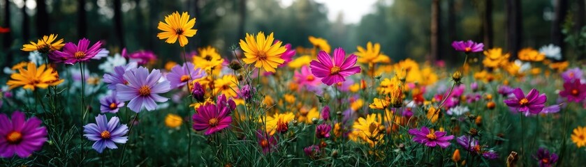 Fototapeta premium Blooming flowers in meadow inside vibrant tropical paradise concept. A vibrant field filled with colorful blooming flowers in nature.