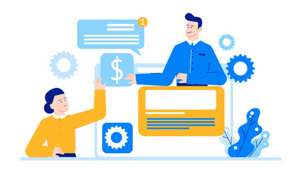 Two people discussing money and business. Suitable for finance blogs, presentations, marketing materials, and business-related websites.